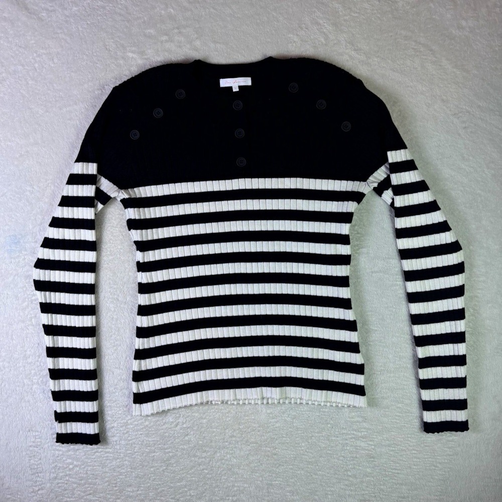 Ces femme Women's Black White Striped Rib-Knit Crewneck Pullover Sweater L
